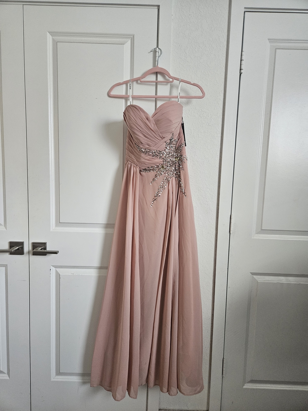 Blush Pink Strapless Evening Gown with Crystal Embellishment